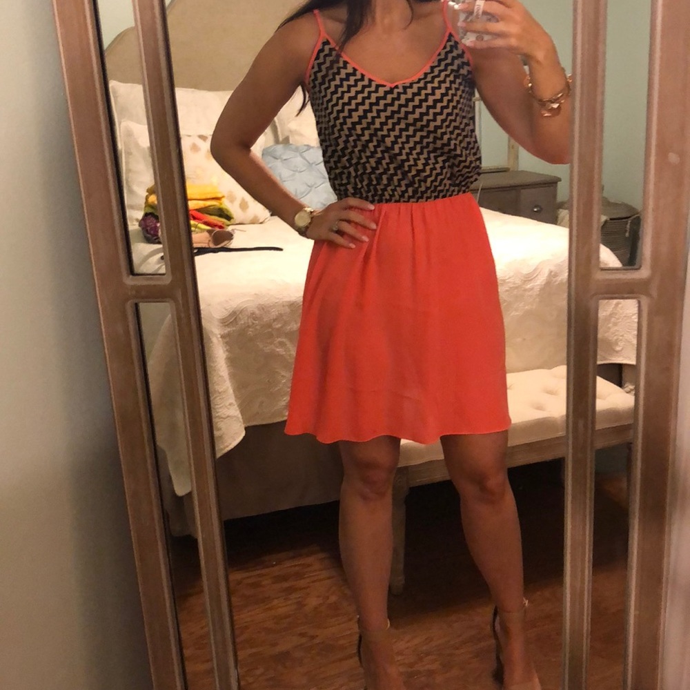Gorgeous Dress- Coral, Black and Tan